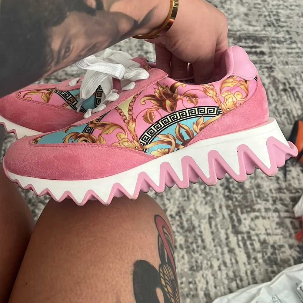 Fashion Nova Pink and Light Blue Baroque Platform Sneakers